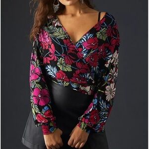 Anthropologie black floral V-Neck Faux Wrap blouse